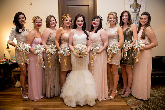 Beautiful Bride and  Bridesmaids posing before the ceremony. At Noah's Event Venue, in Fairview, TX.